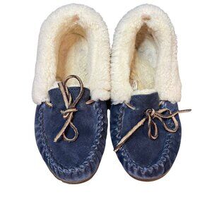 L.L.Bean Women's Wicked Good Moccasins Size 7 in Charcoal Blue Leather Shearling
